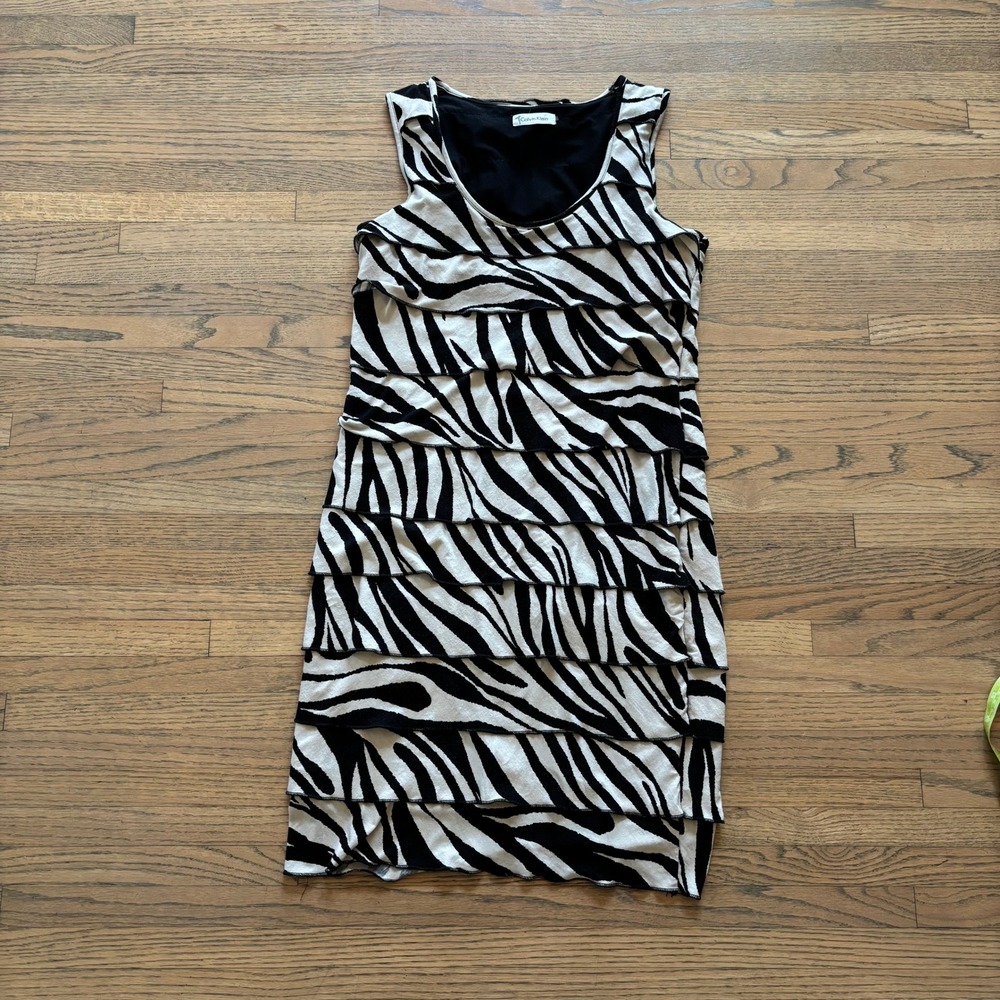Calvin Klein Zebra Print Tiered Ruffle Sleeveless Sheath Dress Black White 10‎